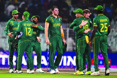 
South Africa’s cricket players react after losing the ICC World Cup 
semi-final against Australia at the Eden Gardens in Kolkata on Thursday.  Australia won by three wickets. (AFP) 