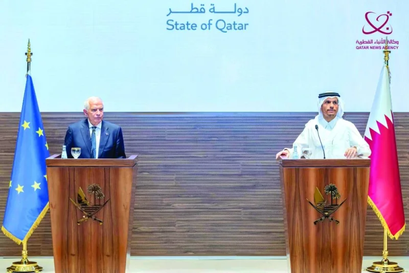 HE Sheikh Mohamed bin Abdulrahman bin Jassim al-Thani and EU&#039;s Josep Borrell during the press conference in Doha Sunday.