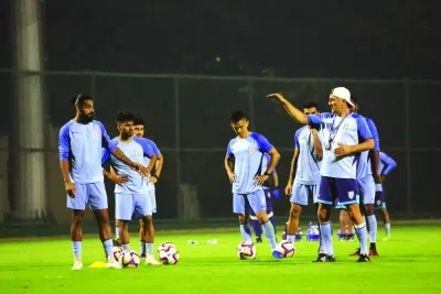 
India’s coach Igor Stimac talks to his players during a training session in Bhubaneswar yesterday. 