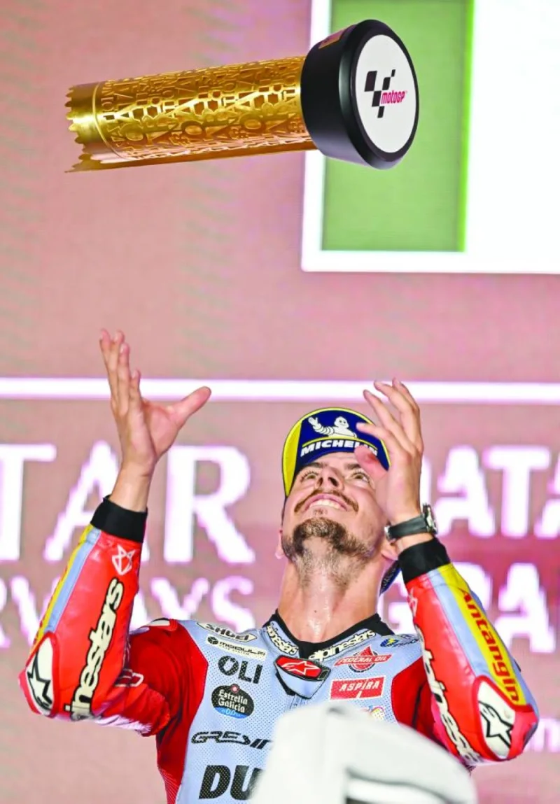 
Italian rider Fabio Di Giannantonio of Gresini Racing celebrates after winning the Grand Prix. 