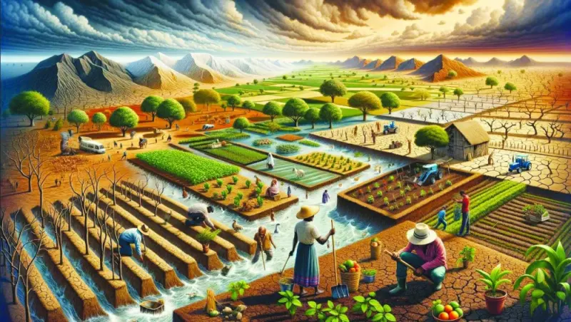 
An image showcasing farmers engaged in various adaptation strategies like planting drought-resistant crops, using soil-friendly cultivation methods and planting trees, underlining the crucial role of they play in combating climate change and preserving biodiversity. 