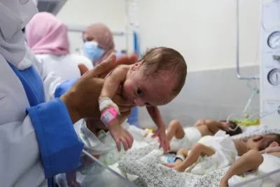Premature babies which were evacuated from an incubator in Al Shifa Hospital in Gaza City receive treatment at an hospital in Rafah, in the southern Gaza Strip, on Sunday. REUTERS