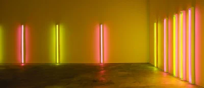 A large-scale installation by Flavin, Alternating pink and ‘gold’, 1976.
