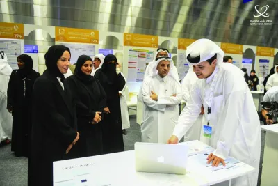 HE the Minister of Education and Higher Education Buthaina bint Ali al-Jabr al-Nuaimi takes a look at the exhibits displayed at National Science Research and Innovation Week.