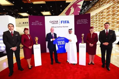 Qatar Airways Group Chief Executive Officer Eng Badr Mohamed al-Meer and FIFA President Gianni Infantino attend a sponsorship signing ceremony. Qatar Airways yesterday announced the renewal of its longstanding partnership with FIFA until 2030, as the Global Airline Partner.