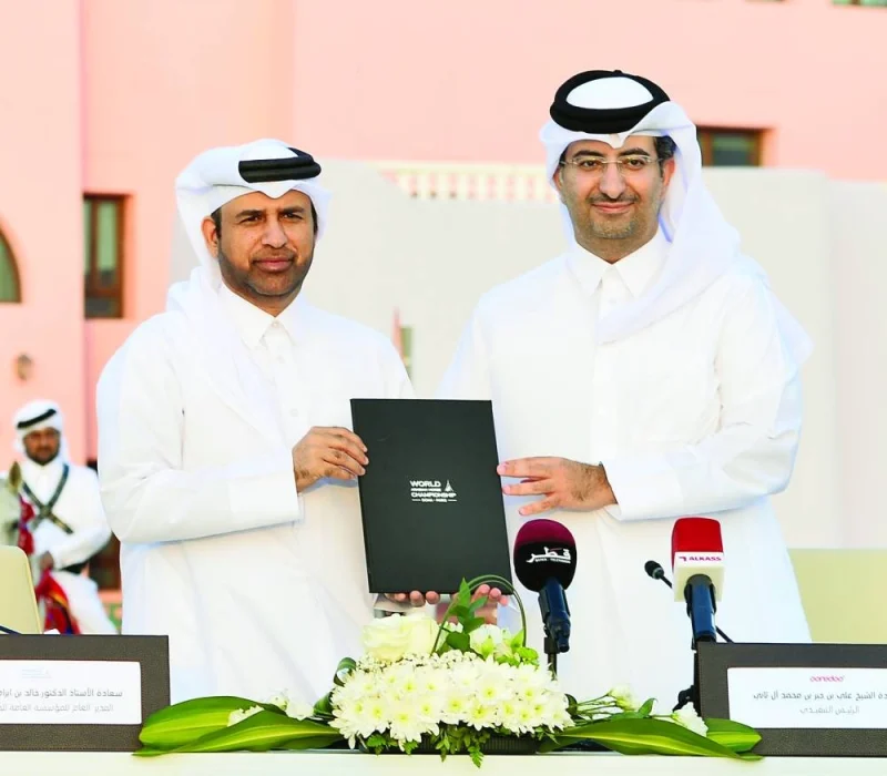 Prof Khaled bin Ibrahim al-Sulaiti and Sheikh Ali bin Jabor bin Mohamed al-Thani announce the Katara-Ooredoo Qatar partnership Wednesday at Old Doha Port. PICTURE: Shaji Kayamkulam