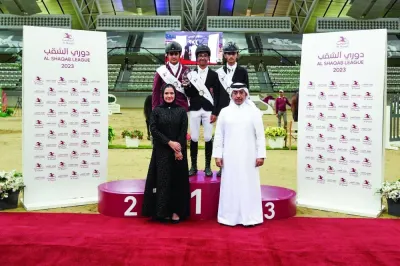 
Junior Champions podium winners pose with the officials at the indoor arena of Al Shaqab. 