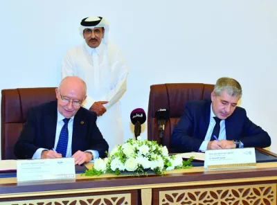In the presence of HE the Minister of Transport Jassim Saif Ahmed al-Sulaiti, HBKU President Dr Ahmed M Hasnah and ICAO President Salvatore Sciacchitano sign the MoU. PICTURES: Thajudheen