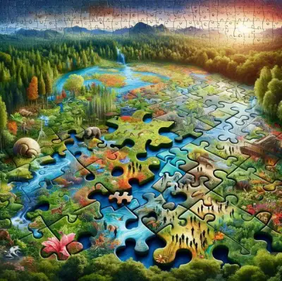 
An illustration showing a puzzle of a thriving ecosystem, with missing pieces representing ecologists and hydrologists. 