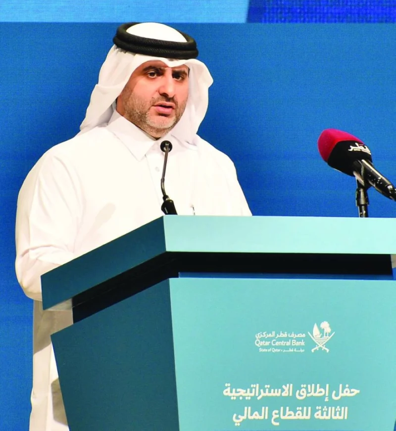 QCB governor Sheikh Bandar bin Mohamed bin Saoud al-Thani outline the salient features of the third financial sector strategy. PICTURE: Shaji Kayamkulam