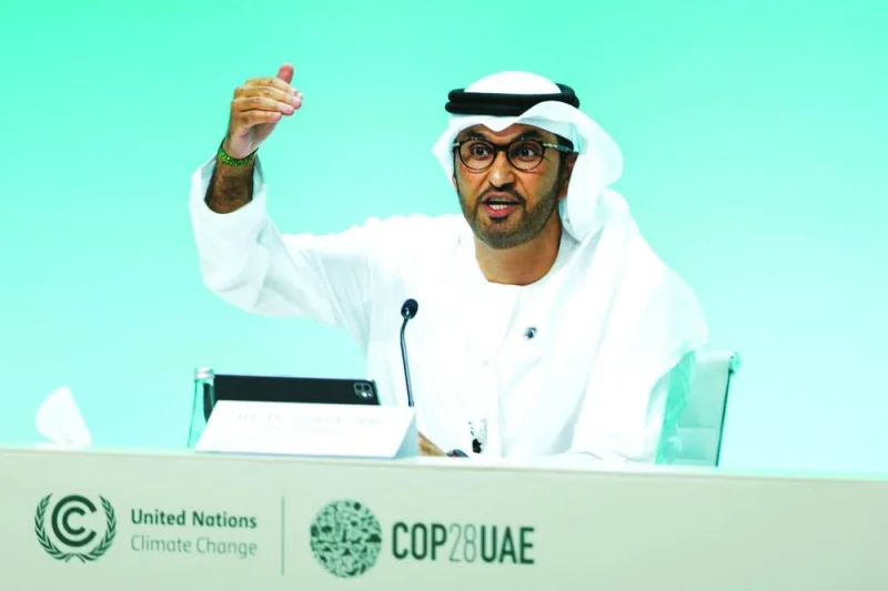 UAE Minister of Industry and Advanced Technology and COP28 President Sultan Ahmed al-Jaber speaks during the United Nations Climate Change Conference (COP28) in Dubai, yesterday