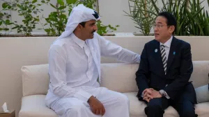 His Highness the Amir Sheikh Tamim bin Hamad Al-Thani meets with the Prime Minister of Japan Fumio Kishida.