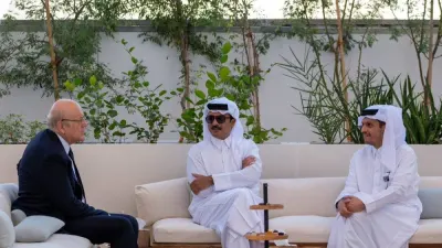 His Highness the Amir Sheikh Tamim bin Hamad Al-Thani meets with the Caretaker Prime Minister of the sisterly Republic of Lebanon Najib Mikati.