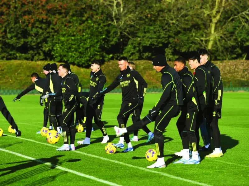 
Arsenal players train in London yesterday, on the eve of their Premier League match against Wolves. 