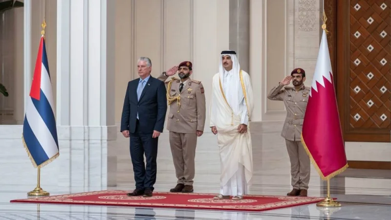 His Highness the Amir Sheikh Tamim bin Hamad Al-Thani and the President of the Republic of Cuba Miguel Diaz-Canel inspects during an official reception ceremony accorded to the Cuban president.