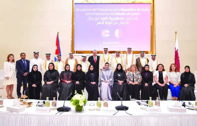 Officials and members of the Qatari Businessmen Association and Qatari Businesswomen Association  during a private meeting with Cuban President Miguel Diaz-Canel held in Doha yesterday.