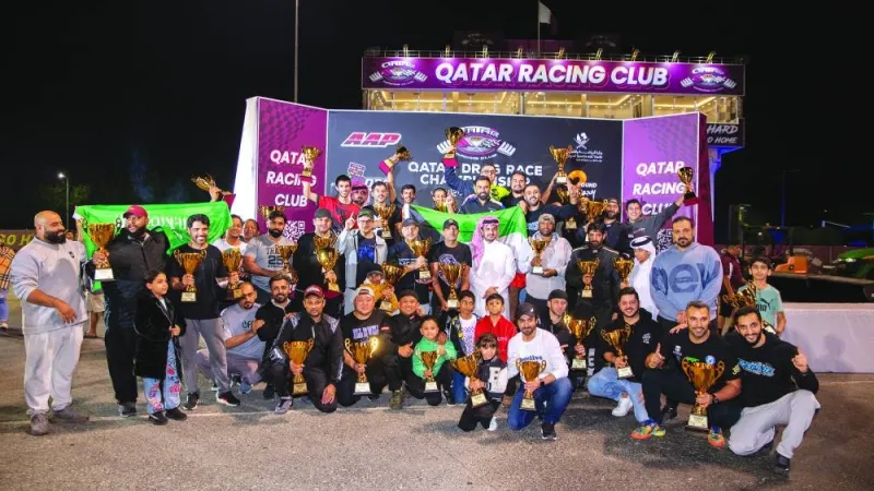All the winners with His Excellency Sheikh Jabor bin Khalid al-Thani Chairman of Qatar Racing Club at the conclusion of the second round of Qatar Drag Racing Championship.