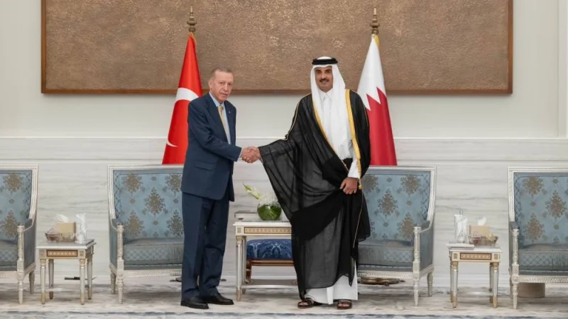 His Highness the Amir Sheikh Tamim bin Hamad Al-Thani greets the President of Republic of Turkiye Recep Tayyip Erdogan at the meeting of the 9th session of the Qatari-Turkish Supreme Strategic Committee at Lusail Palace on Monday.