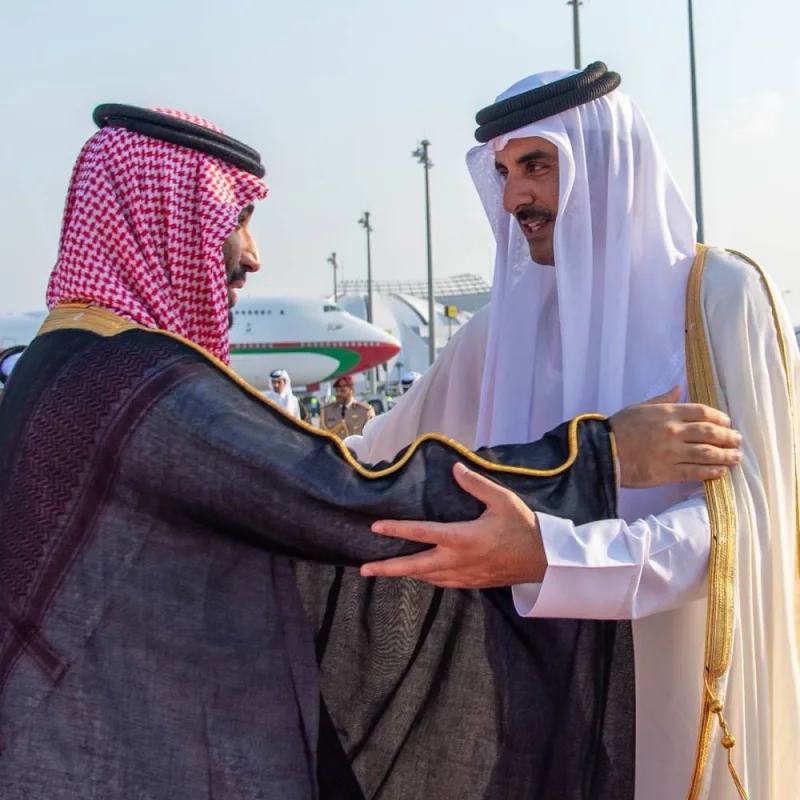 His Highness the Amir Sheikh Tamim bin Hamad Al-Thani bids farewell to the Crown Prince and Prime Minister of the sisterly Kingdom of Saudi Arabia Prince Mohammed bin Salman bin Abdulaziz Al-Saud, upon departure along with the accompanying delegation from Doha International Airport.