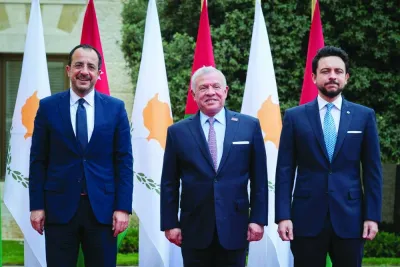 
Jordan’s King Abdullah II and Crown Prince Hussein pose for a 
picture with Cyprus President Nikos Christodoulides, in Amman,  in this handout picture released yesterday. 