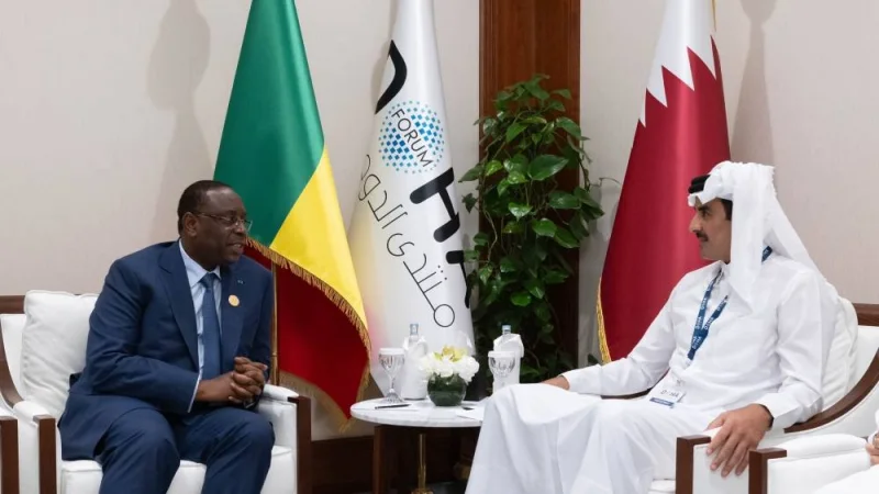 His Highness the Amir Sheikh Tamim bin Hamad Al-Thani meets with the President of the Republic of Senegal Macky Sall.