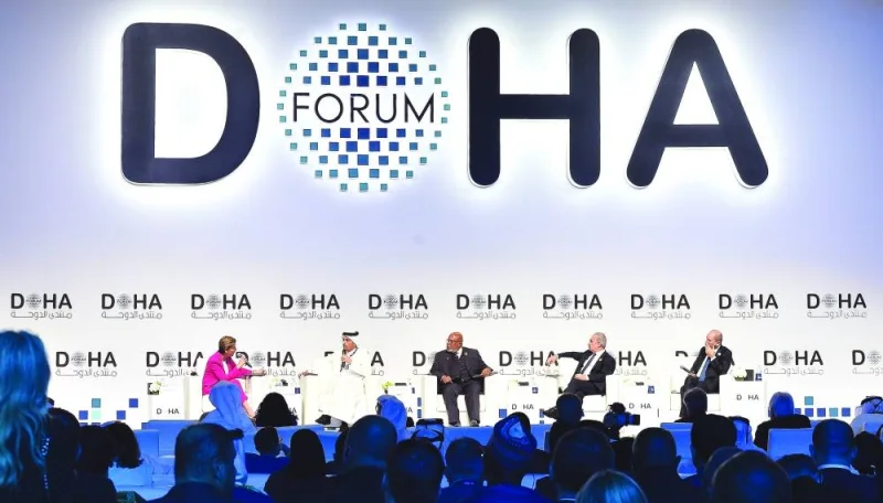 HE the Prime Minister and Minister of Foreign Affairs Sheikh Mohammed bin Abdulrahman bin Jassim al-Thani along with other panelists at Doha Forum Sunday. PICTURES: Shaji Kayamkulam