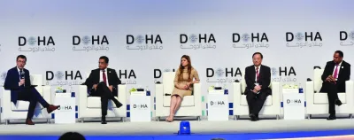 Ali Sabry, Erika Mounyes, Victor Gao and Mesganu Arga Moach at a panel session at the Doha Forum Sunday, which was moderated by Gustau Alegret, journalist and anchor, NTN24. Picture: Shaji Kayamkulam