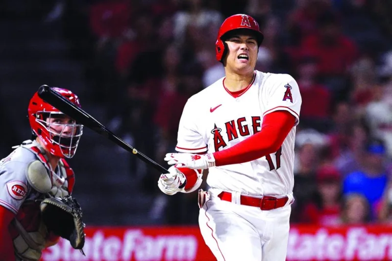 Los Angeles Angels designated hitter Shohei Ohtani reacts during an at-bat in the seventh inning against the Cincinnati Reds at Angel Stadium. (USA TODAY-Sports)