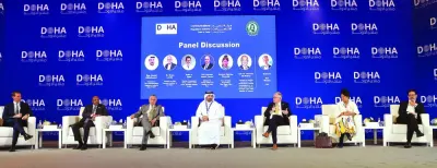 CRA president Ahmad Abdulla al-Muslemani (centre) during a panel discussion at Doha Forum Monday. He is joined by (from left) Dan Murphy, Dr Hussein Ali Mwinyi, Arnoldo André Tinoco, Dr Bruno Lanvin, Keyzom Ngodup Massally, and Selim Eddé. PICTURE: Shaji Kayamkulam.