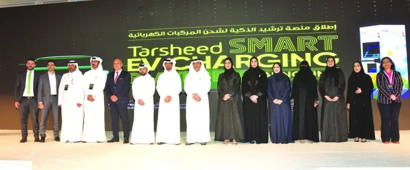 Dignitaries from Kahramaa, represented by Tarsheed, and the MCIT, represented by ‘Tasmu’ Smart Qatar Programme, during the launching ceremony of the ‘Tarsheed Smart EV Charging Platform’ Tuesday. PICTURE: Shaji Kayamkulam.