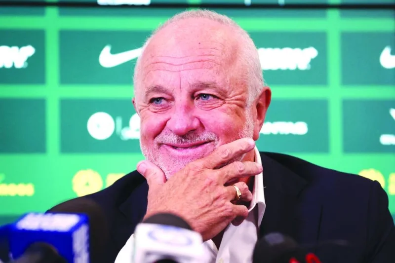 Australia’s head coach Graham Arnold reacts during the press conference in Sydney on Friday. (AFP)