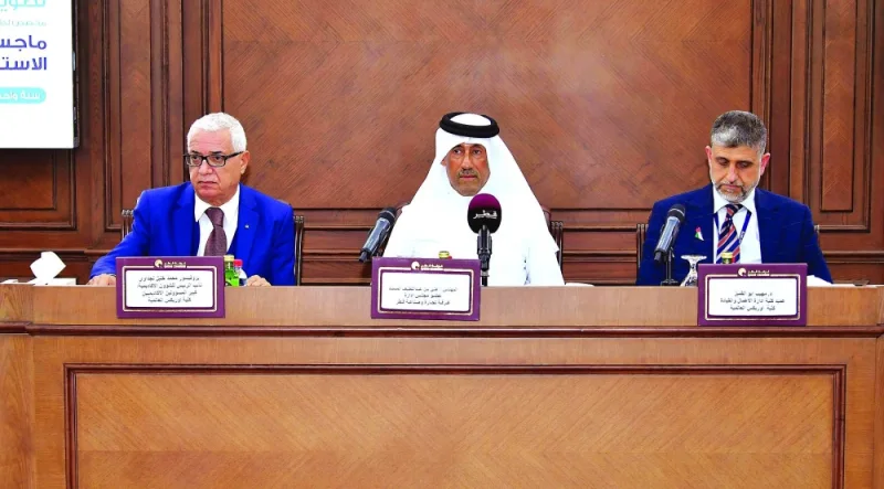 Qatar Chamber board member Ali bin Abdul Latif al-Misnad (centre) delivering an opening speech in the presence of (from left) OUC officials, Professor Mohamed Najdawi, Vice-President of Academic Affairs & Chief Academic, and Dr Moheeb AbouAlqumboz, the dean of Leadership and Business College.