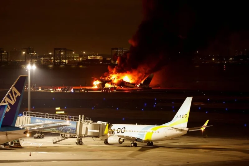 Japan Airlines&#039; A350 airplane is on fire at Haneda international airport in Tokyo, Japan on Tuesday. REUTERS
