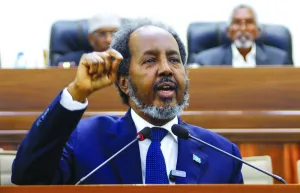 
President Hassan Sheikh Mohamud gestures during his address to parliament in Mogadishu regarding the Ethiopia-Somaliland port deal. 