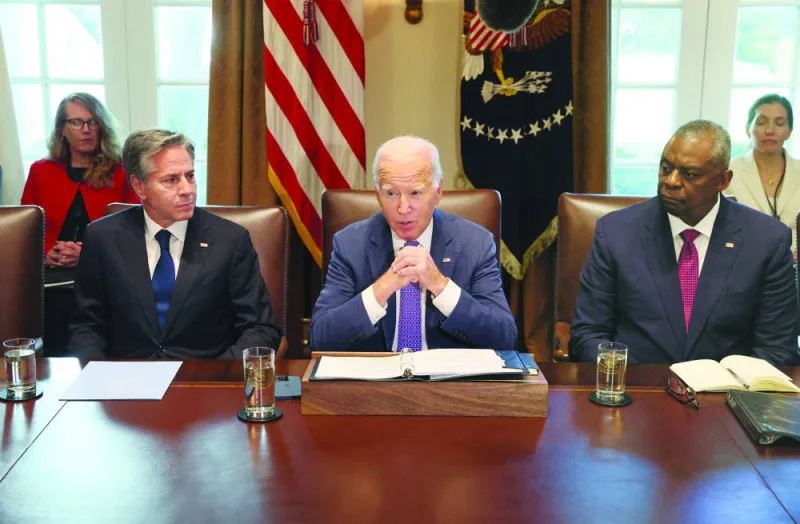 President Joe Biden with Secretary of State Antony Blinken and Secretary of Defence Lloyd Austin at the White House in Washington, US.
