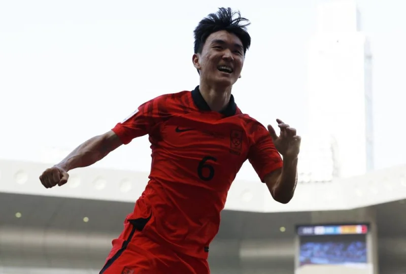 South Korea&#039;s Hwang In-beom celebrates after scoring their first goal. REUTERS