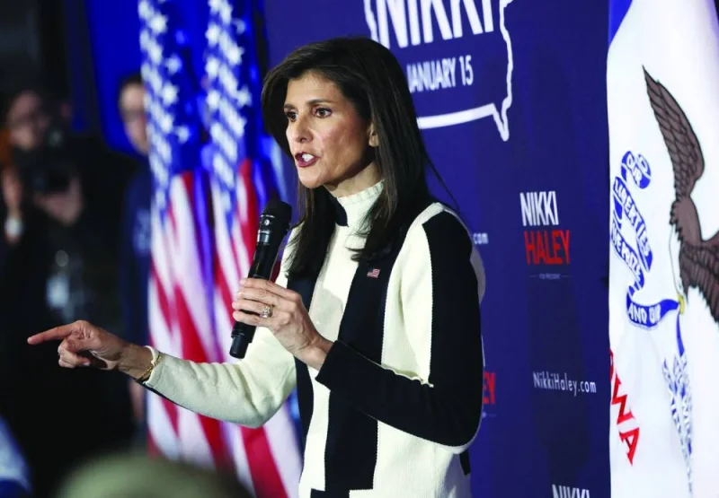 Nikki Haley speaks during a campaign event at Jethro&#039;s BBQ in Ames, Iowa.