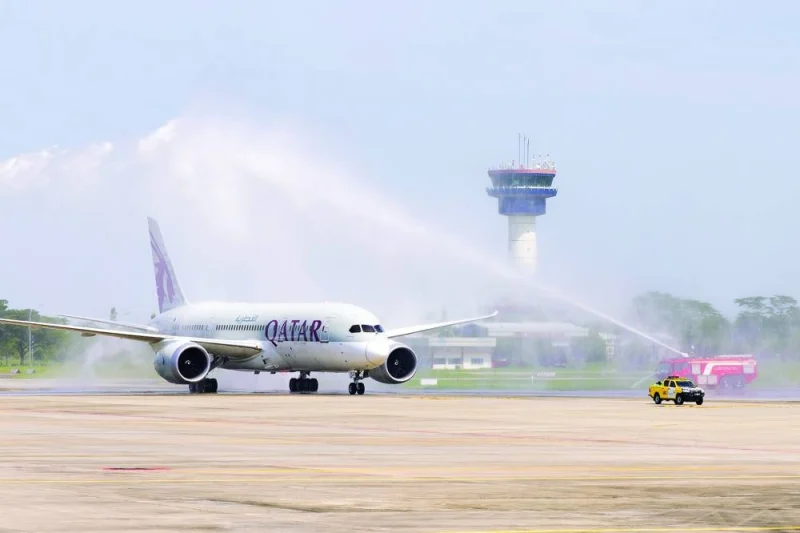 A water cannon salute welcomes QR966 at Kualanamu International Airport in Indonesia.