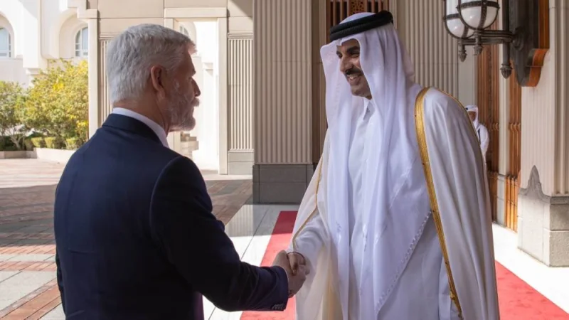 His Highness the Amir Sheikh Tamim bin Hamad Al-Thani receives the President of the Czech Republic Petr Pavel.