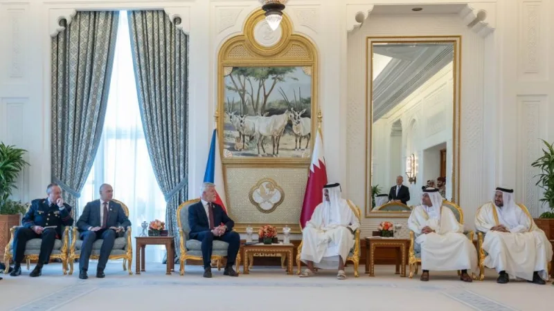 His Highness the Amir Sheikh Tamim bin Hamad Al-Thani and the President of the Czech Republic Petr Pavel hold discussions.