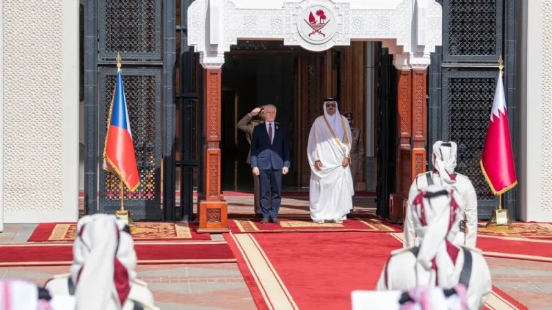 His Highness the Amir Sheikh Tamim bin Hamad Al-Thani and the President of the Czech Republic Petr Pavel during a ceremonial reception accorded to the Czech President.