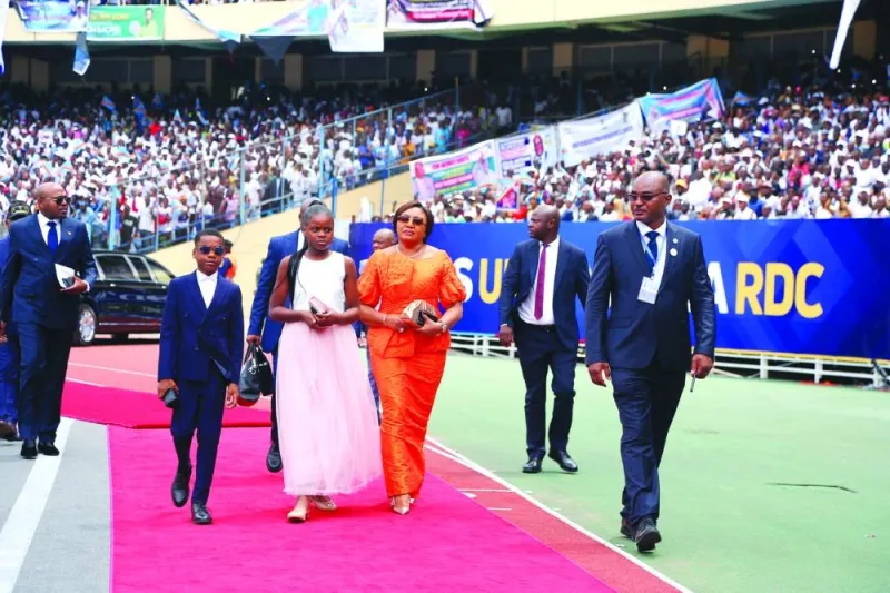 First Lady Denise Nyakeru Tshisekedi arrives with her children at the swearing-in ceremony of her husband at Kinshasa’s Martyrs stadium.