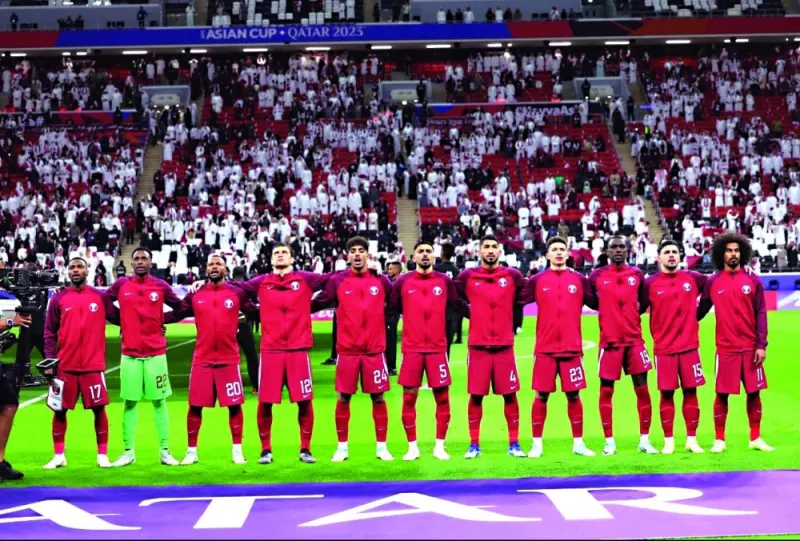 
Qatar players line up before one of the two matches they have played at the AFC Asian Cup 2023. Qatar face China today. 