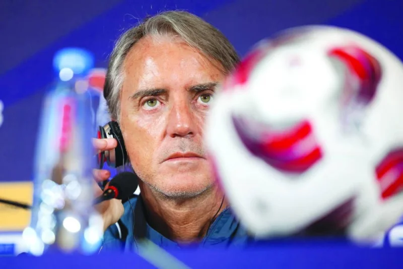 Saudi Arabia’s coach Roberto Mancini of Italy takes a question during a press conference in Doha on Wednesday. (@Changsuek_TH)