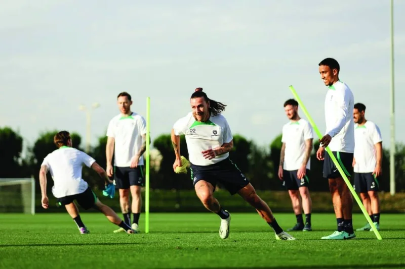 Australian players during a team training session in Doha on Saturday. Australia take on Indonesia in the first Round of 16 clash at AFC Asian Cup Qatar 2023 on Sunday. (@Socceroos)