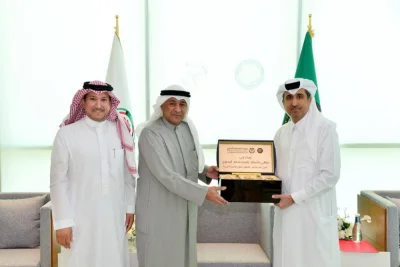 GCC Commercial Arbitration Centre chairman Saleh bin Hamad al-Sharqi (right) along with Dr Kamal al-Hamad, secretary-general, received GCC secretary-general Jasem Mohamed Albudaiwi at the centre&#039;s headquarters in Bahrain.