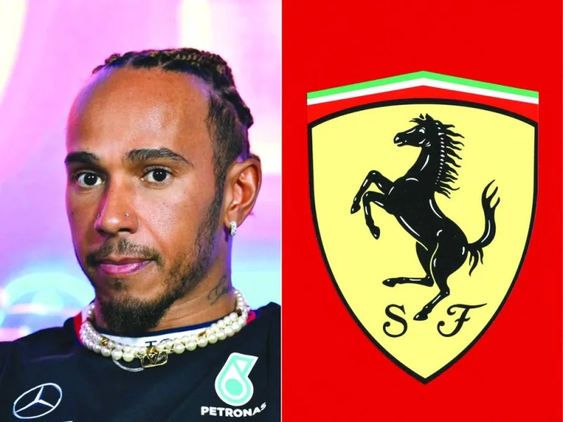This combination of file pictures shows Mercedes&#039; British driver Lewis Hamilton and the logo of Team Ferrari. (AFP)