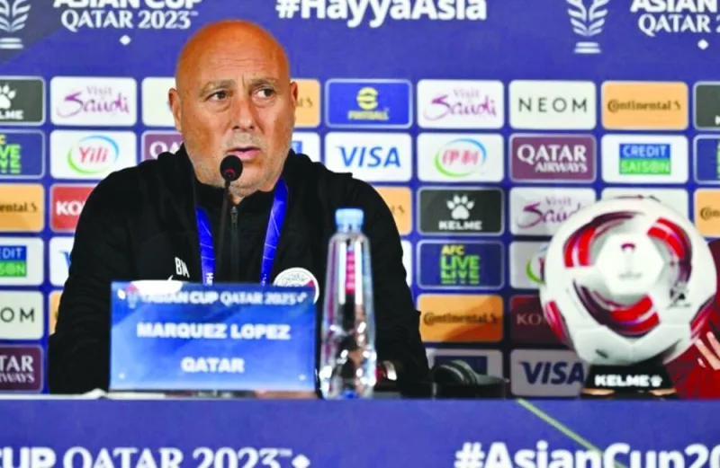 Qatar coach Marquez Lopez speaks to journalists on the eve of his team’s AFC Asian Cup 2023 quarter-final against Uzbekistan at Al Bayt Stadium in Al Khor. Right: Uzbekistan coach Srecko Katanec attends a news conference ahead of their quarter-final match on Saturday. Pics: www.the-afc.com