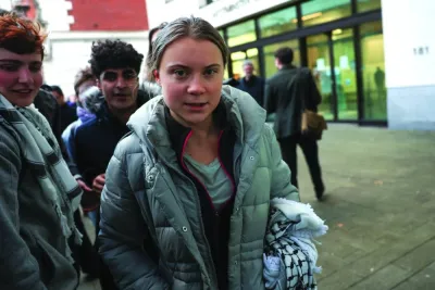 
Greta Thunberg outside Westminster Magistrates’ Court in London,  
