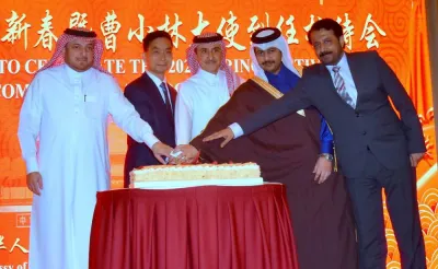 Chinese ambassador Cao Xiaolin with dignitaries cutting a cake on the occasion. PICTURE: Thajudheen